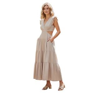 DKNY Jeans Women's Linen-Blend Tiered V-Neck Cutout Maxi Dress, Beige, Sz Large